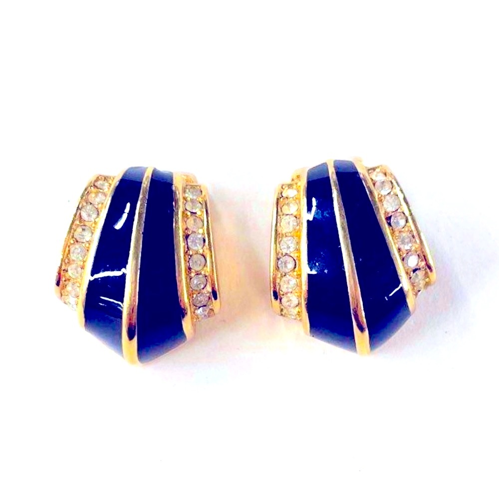 Christian Dior Black Enamel & Crystal Rhinestone Vtg Earrings - Good